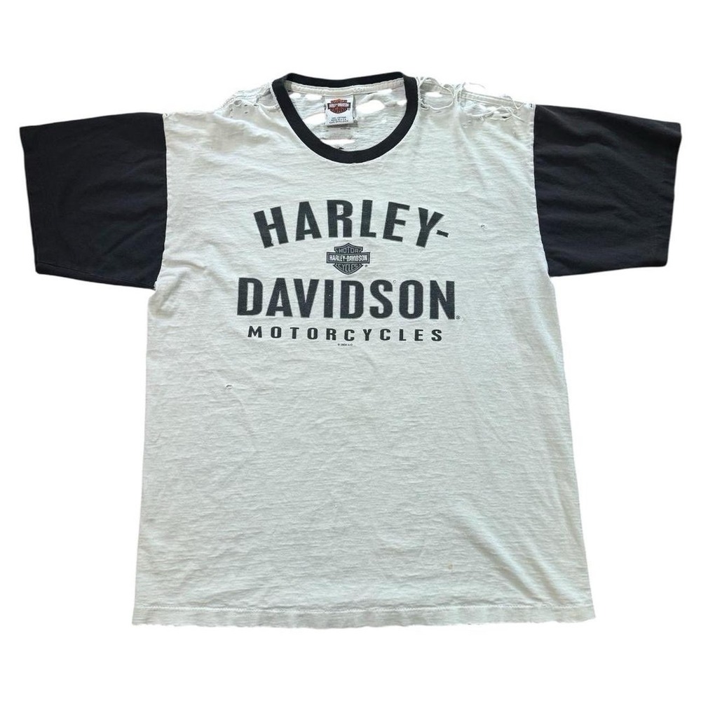 Vintage Y2K Harley Davidson Biker Motorcycle Distressed Tattered Raglan T-shirt